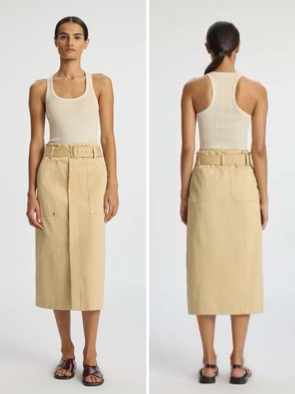NWT A.L.C. Belted Cotton-Twill Midi Skirt in Latte Size 8 - Picture 5 of 16